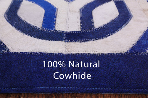 Blue & White Patchwork Natural Cowhide Runner Rug - 4' 0