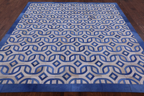 Blue & White Square Patchwork Natural Cowhide Rug - 8' 0