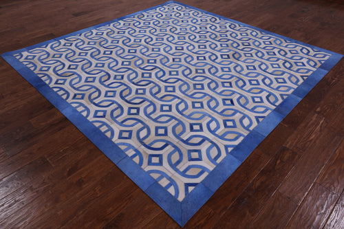 Blue & White Square Patchwork Natural Cowhide Rug - 8' 0