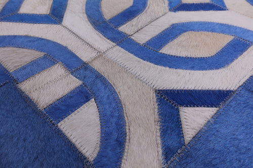 Blue & White Square Patchwork Natural Cowhide Rug - 8' 0