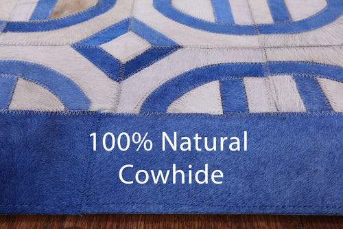 Blue & White Square Patchwork Natural Cowhide Rug - 8' 0