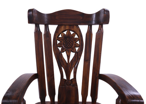 Wooden Rocking Chair Handcarved Back Sunflower Removable Hair-On Cowhide Pillow