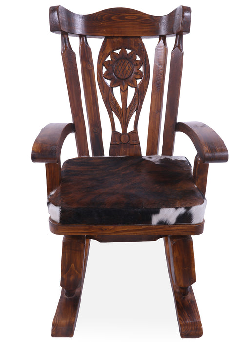Wooden Rocking Chair Handcarved Back Sunflower Removable Hair-On Cowhide Pillow