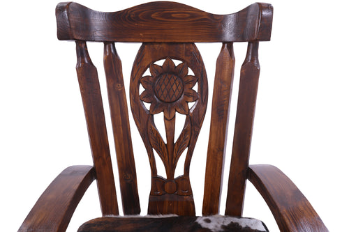 Wooden Rocking Chair Handcarved Back Sunflower Removable Hair-On Cowhide Pillow