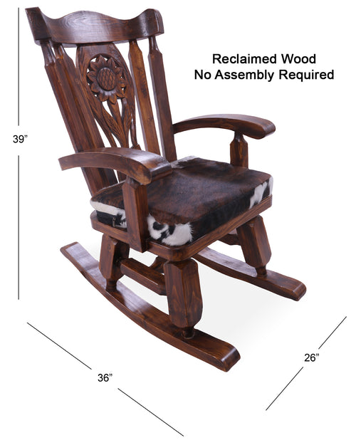 Wooden Rocking Chair Handcarved Back Sunflower Removable Hair-On Cowhide Pillow