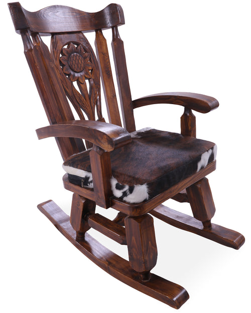 Wooden Rocking Chair Handcarved Back Sunflower Removable Hair-On Cowhide Pillow