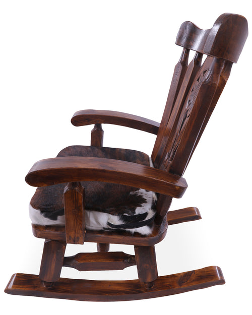 Wooden Rocking Chair Handcarved Back Sunflower Removable Hair-On Cowhide Pillow