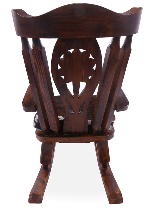 Wooden Rocking Chair Handcarved Back Sunflower Removable Hair-On Cowhide Pillow