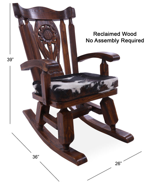 Wooden Rocking Chair Handcarved Back Sunflower Removable Hair-On Cowhide Pillow