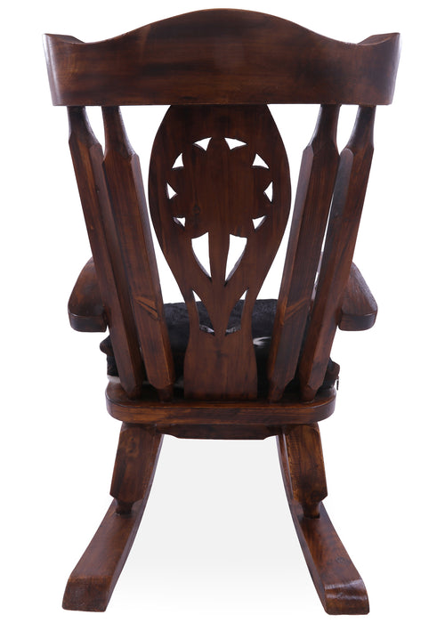 Wooden Rocking Chair Handcarved Back Sunflower Removable Hair-On Cowhide Pillow