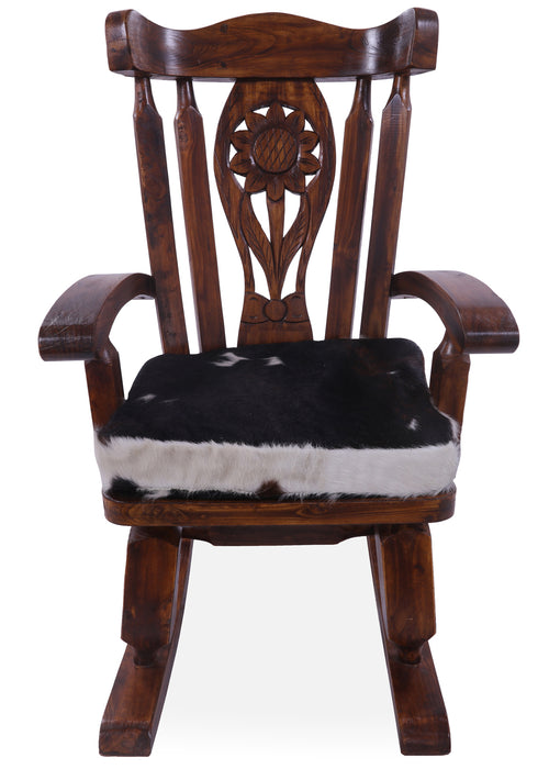 Wooden Rocking Chair Handcarved Back Sunflower Removable Hair-On Cowhide Pillow