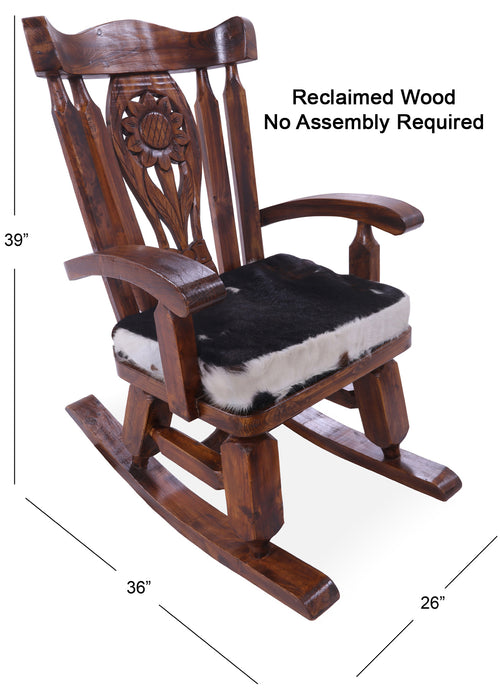 Wooden Rocking Chair Handcarved Back Sunflower Removable Hair-On Cowhide Pillow
