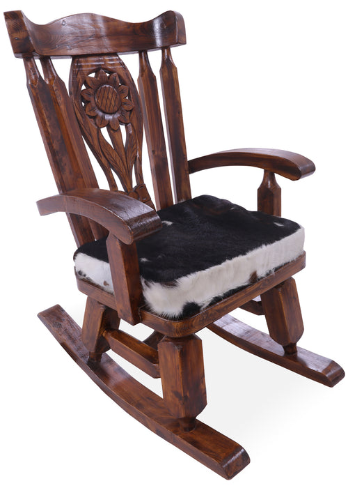 Wooden Rocking Chair Handcarved Back Sunflower Removable Hair-On Cowhide Pillow