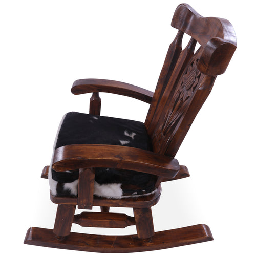Wooden Rocking Chair Handcarved Back Sunflower Removable Hair-On Cowhide Pillow