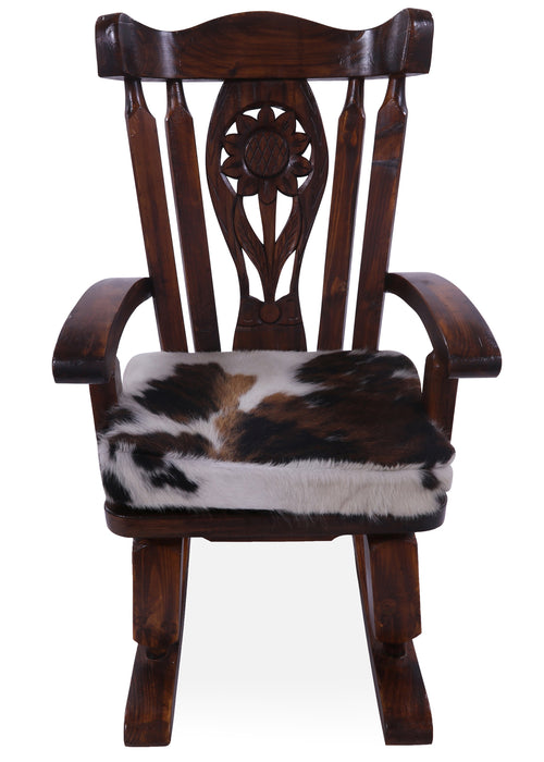 Wooden Rocking Chair Handcarved Back Sunflower Removable Hair-On Cowhide Pillow