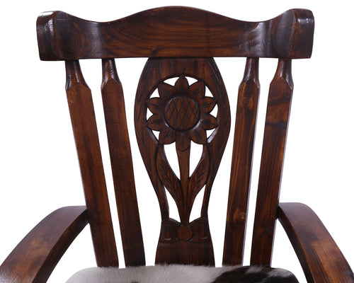 Wooden Rocking Chair Handcarved Back Sunflower Removable Hair-On Cowhide Pillow
