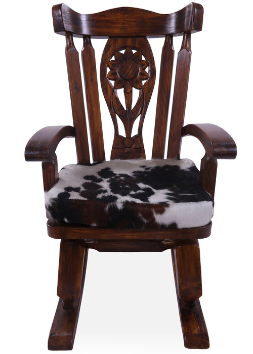 Wooden Rocking Chair Handcarved Back Sunflower Removable Hair-On Cowhide Pillow