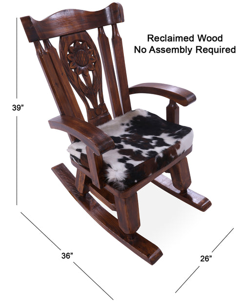 Wooden Rocking Chair Handcarved Back Sunflower Removable Hair-On Cowhide Pillow