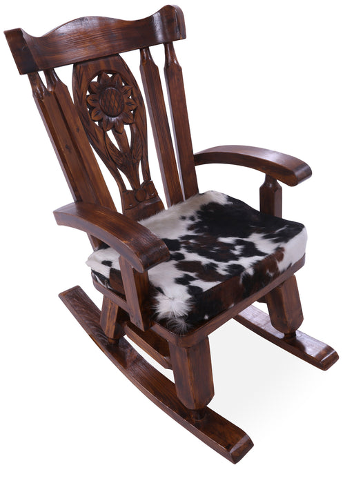 Wooden Rocking Chair Handcarved Back Sunflower Removable Hair-On Cowhide Pillow