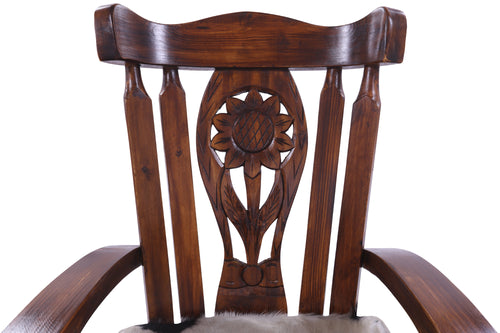 Wooden Rocking Chair Handcarved Back Sunflower Removable Hair-On Cowhide Pillow