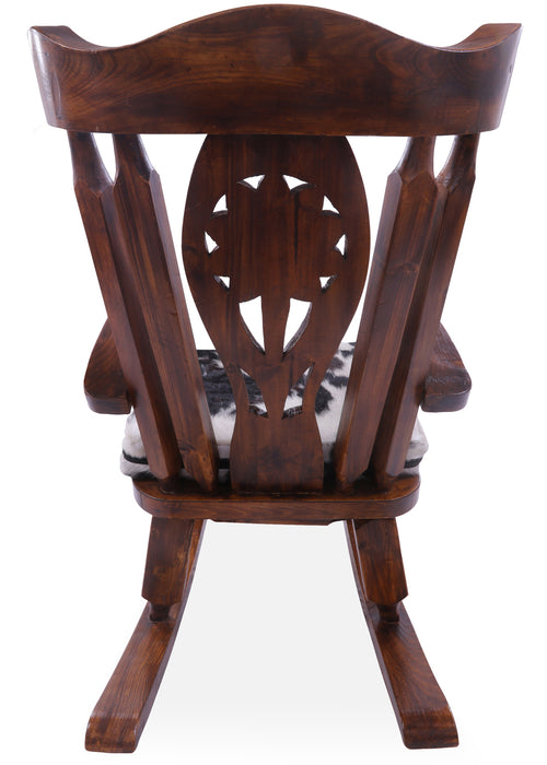 Wooden Rocking Chair Handcarved Back Sunflower Removable Hair-On Cowhide Pillow