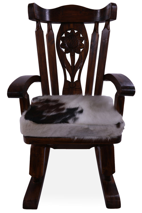 Wooden Rocking Chair Handcarved Back Sunflower Removable Hair-On Cowhide Pillow