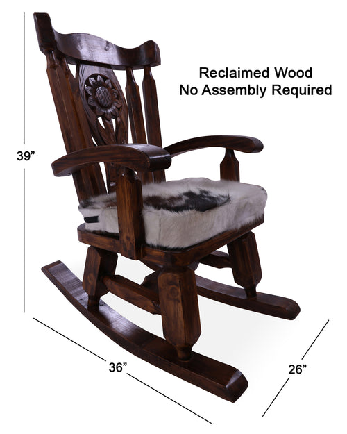 Wooden Rocking Chair Handcarved Back Sunflower Removable Hair-On Cowhide Pillow
