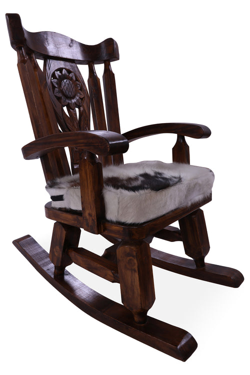 Wooden Rocking Chair Handcarved Back Sunflower Removable Hair-On Cowhide Pillow