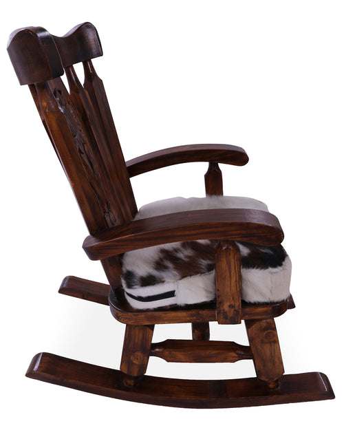 Wooden Rocking Chair Handcarved Back Sunflower Removable Hair-On Cowhide Pillow