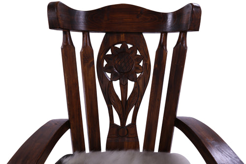Wooden Rocking Chair Handcarved Back Sunflower Removable Hair-On Cowhide Pillow
