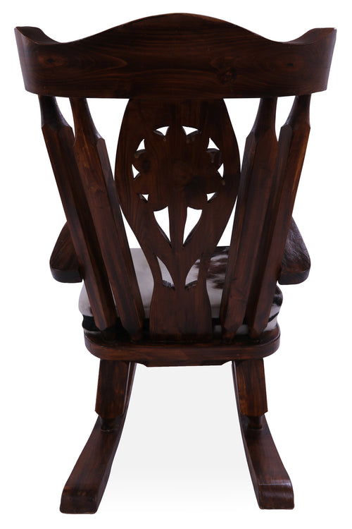 Wooden Rocking Chair Handcarved Back Sunflower Removable Hair-On Cowhide Pillow