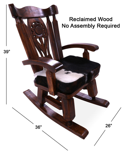 Wooden Rocking Chair Handcarved Back Sunflower Removable Hair-On Cowhide Pillow