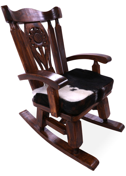 Wooden Rocking Chair Handcarved Back Sunflower Removable Hair-On Cowhide Pillow