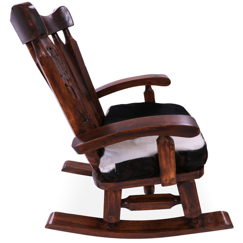 Wooden Rocking Chair Handcarved Back Sunflower Removable Hair-On Cowhide Pillow