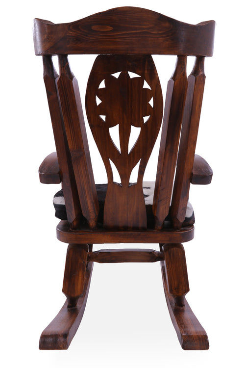 Wooden Rocking Chair Handcarved Back Sunflower Removable Hair-On Cowhide Pillow
