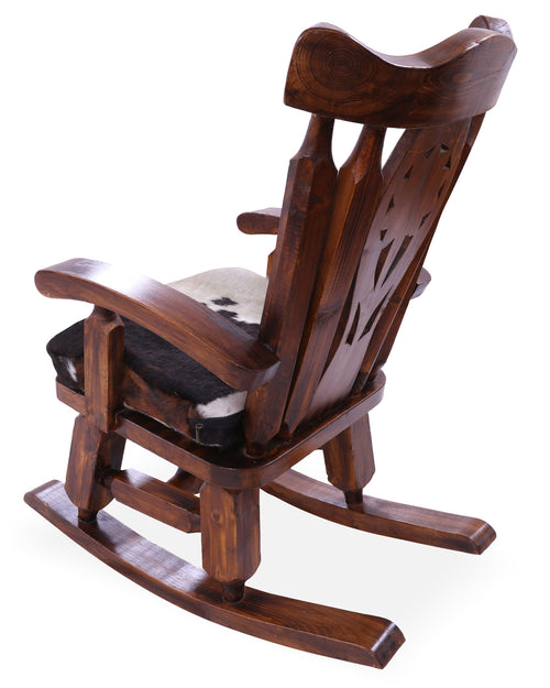 Wooden Rocking Chair Handcarved Back Sunflower Removable Hair-On Cowhide Pillow