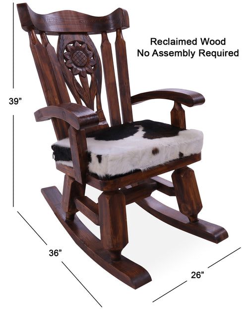Wooden Rocking Chair Handcarved Back Sunflower Removable Hair-On Cowhide Pillow