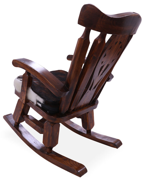 Wooden Rocking Chair Handcarved Back Sunflower Removable Hair-On Cowhide Pillow