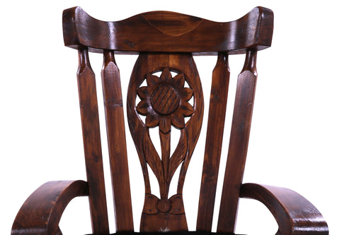 Wooden Rocking Chair Handcarved Back Sunflower Removable Hair-On Cowhide Pillow