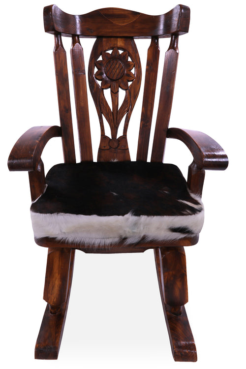 Wooden Rocking Chair Handcarved Back Sunflower Removable Hair-On Cowhide Pillow