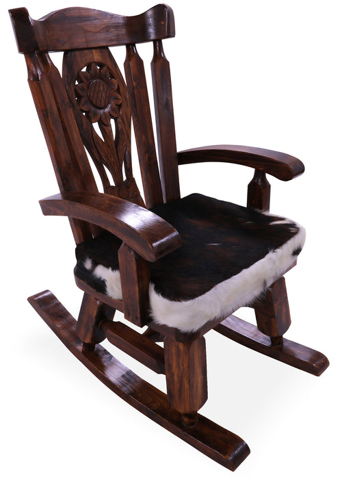 Wooden Rocking Chair Handcarved Back Sunflower Removable Hair-On Cowhide Pillow