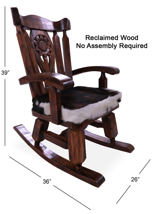 Wooden Rocking Chair Handcarved Back Sunflower Removable Hair-On Cowhide Pillow