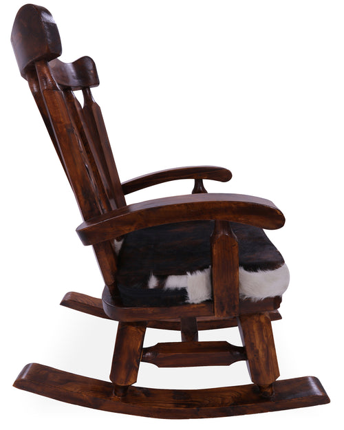 Wooden Rocking Chair Handcarved Back Sunflower Removable Hair-On Cowhide Pillow