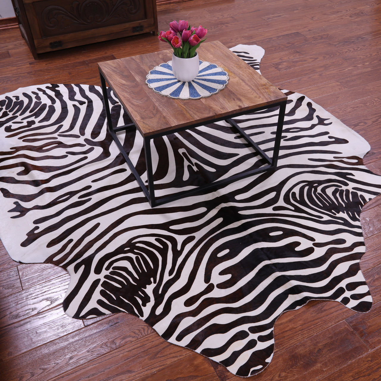 Zebra Animal Print Natural Cowhide Rug