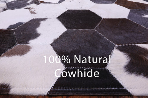 Brown & White Hexagon Patchwork Natural Cowhide Rug - 6' 7