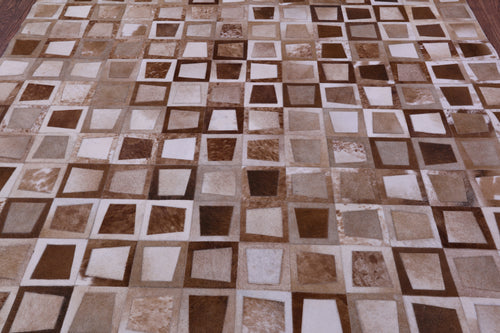 Wabi-Sabi Brown & White Square Patchwork Natural Cowhide Rug - 6' 10