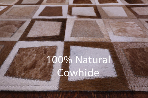 Wabi-Sabi Brown & White Square Patchwork Natural Cowhide Rug - 6' 10