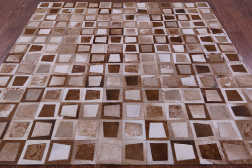 Wabi-Sabi Brown & White Square Patchwork Natural Cowhide Rug - 6' 10