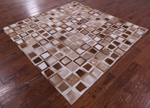 Wabi-Sabi Brown & White Square Patchwork Natural Cowhide Rug - 6' 10