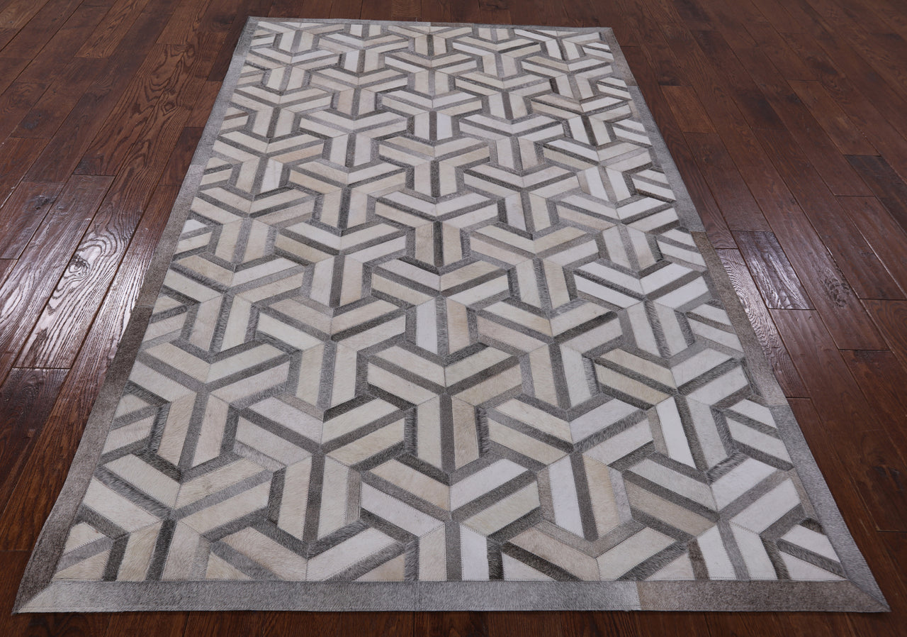 Grey & White Patchwork Cowhide Rug - 5' 0" x 8' 0"